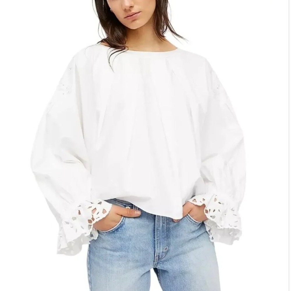 Free People Wishing Well‎ Blouse Size L White NEW Eyelet Embroidered Balloon